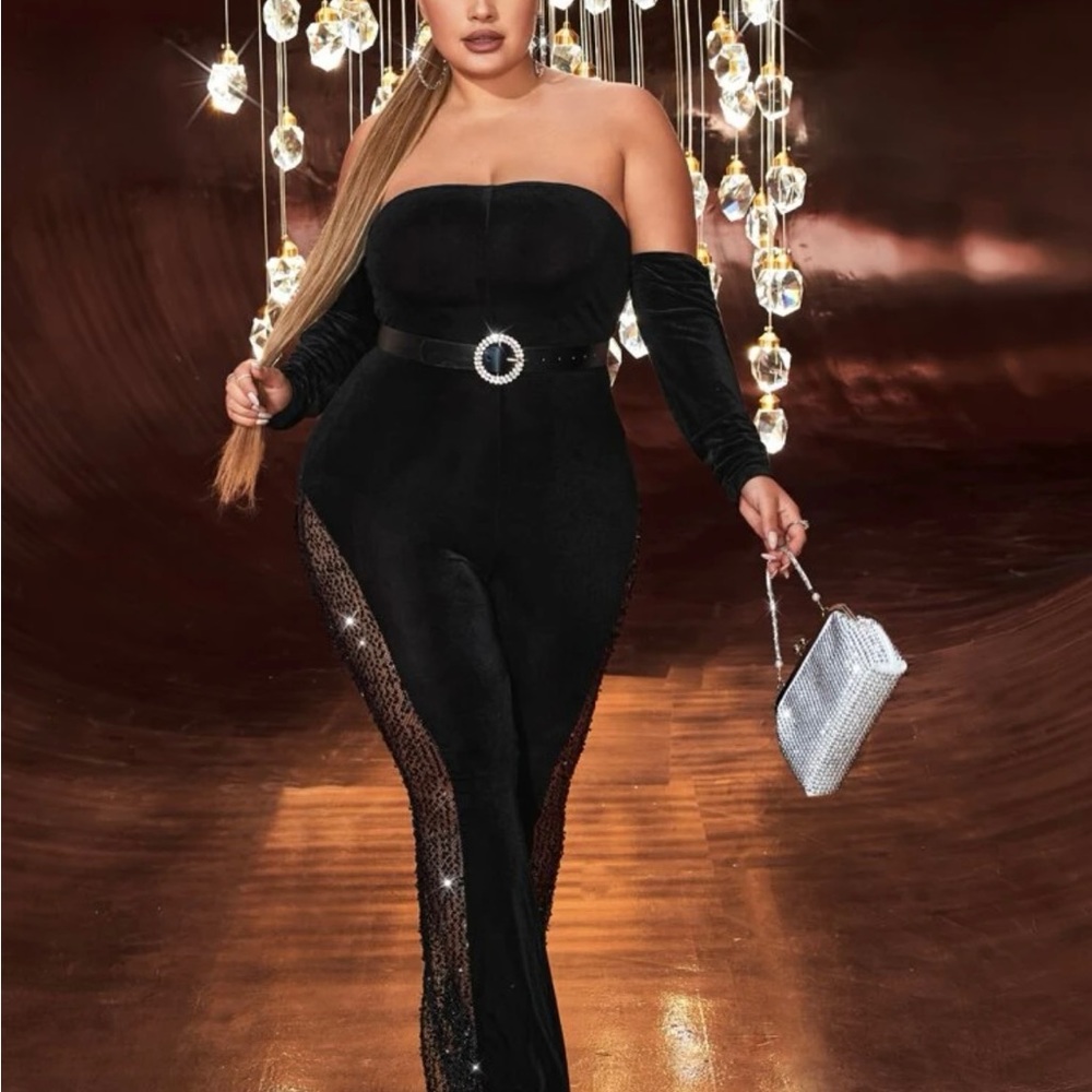 Plus Size Sequin Off Shoulder Velvet Jumpsuit